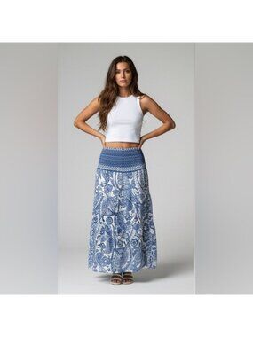 Bohemian Print Long Flared Shirred Skirt Blue